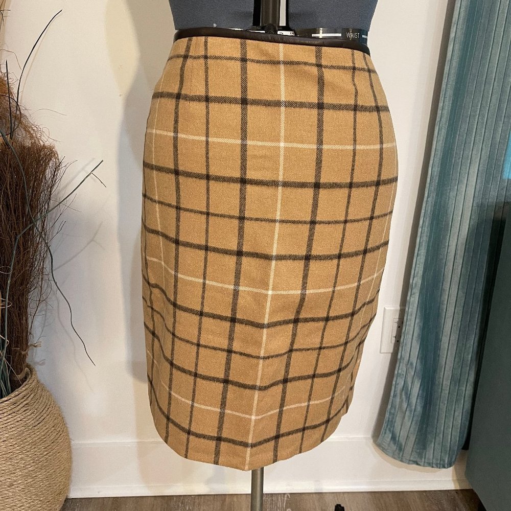 Size 12 Brooks Brothers Genuine Camel Hair High-Waisted Tan Plaid Pencil Skirt